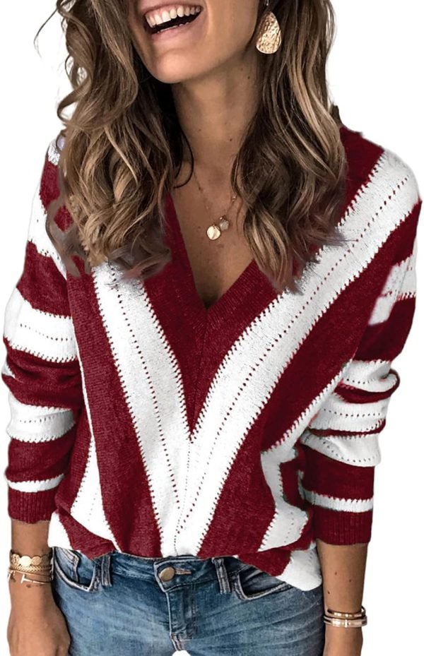 Womens 2024 Deep V Neck Sweaters Striped Long Sleeve Knit Pullover Sweaters for Women