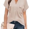 Women Dressy Casual V Neck Short Sleeve Dress Shirts Summer Work Tops Tunics Solid Color Chiffon Blouse