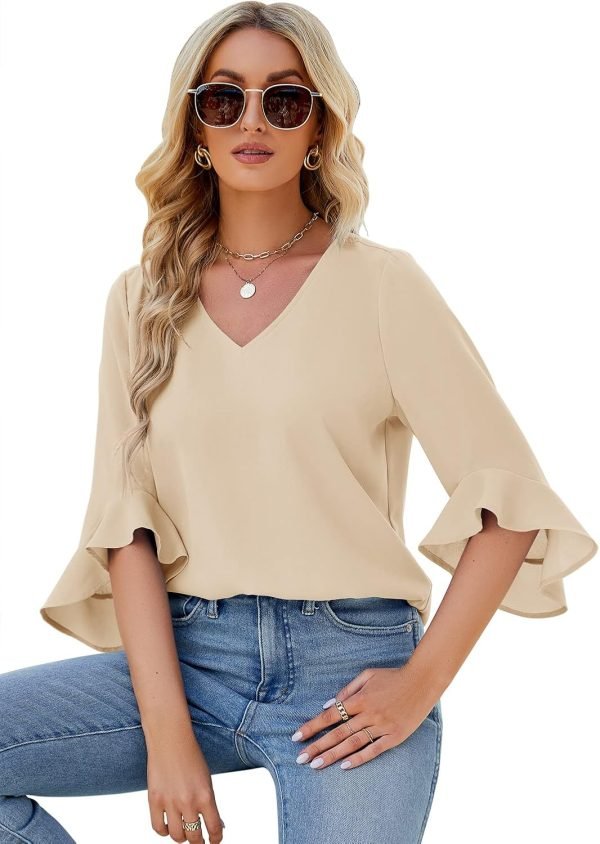 Chiffon Blouses for Women Ruffle 3/4 Sleeve Dressy V Neck Casual Flowy Tunic Tops