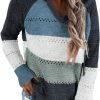 Women Color Block Hooded Crochet Striped Sweaters Lightweight Drawstring Hoodies Pullover Trendy Sweatshirts