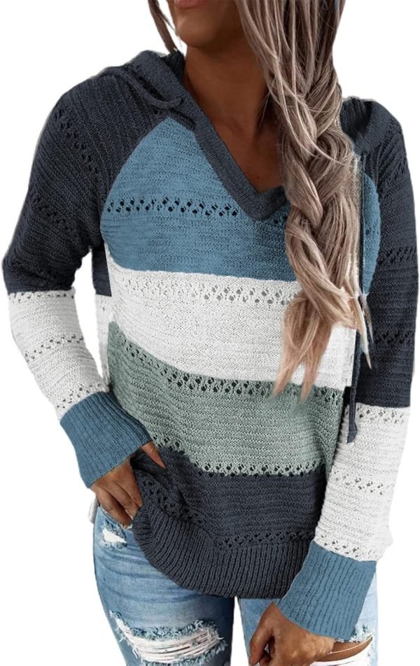 Women Color Block Hooded Crochet Striped Sweaters Lightweight Drawstring Hoodies Pullover Trendy Sweatshirts