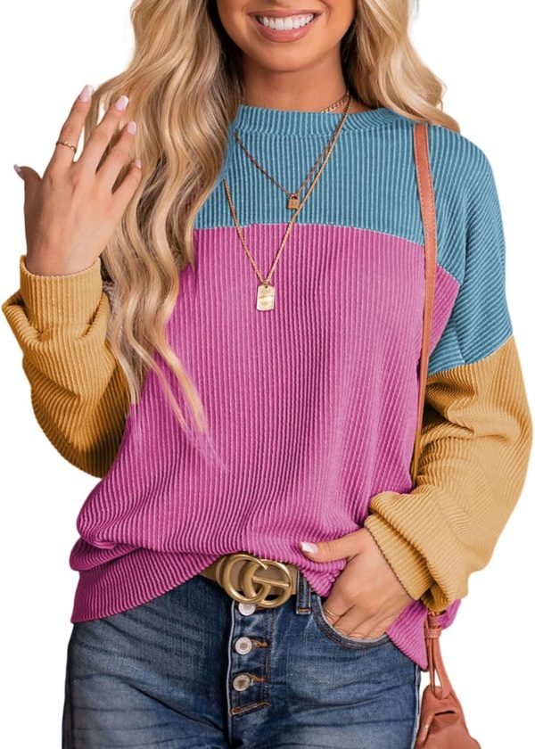 Womens Fashion 2024 Color Block Long Sleeve Crewneck Knitted Casual Loose Pullover Shirts Tops