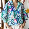Women 2024 Loose V-Neck Shirts Paisley Print Lantern Sleeve Blouse Tops