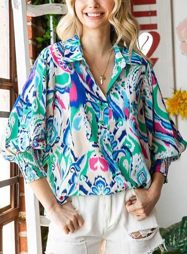 Women 2024 Loose V-Neck Shirts Paisley Print Lantern Sleeve Blouse Tops