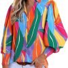 Women 2024 Loose V-Neck Shirts Paisley Print Lantern Sleeve Blouse Tops