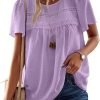 Womens Summer Tops Crewneck Short Sleeve Shirts Casual Chiffon Blouses Flowy Lace Hem Boho Clothing Trendy 2024