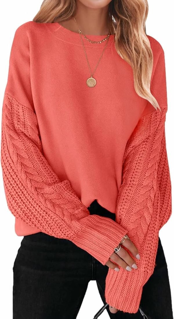 71Mffnm7-jL._AC_SL1500 Women's 2024 Fall Long Sleeve Crew Neck Solid Color Cable Knit Chunky Casual Oversized Pullover Sweater Tops
