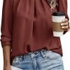 Womens Tops Dressy Casual Pleated Crew Neck Long Sleeve Shirts Office Work Chiffon Blouses