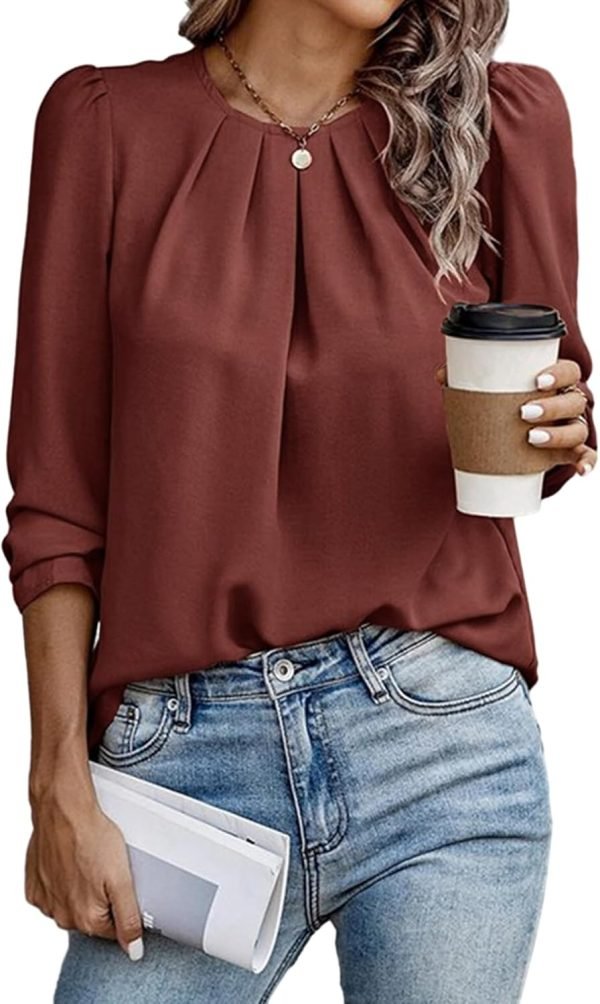 Womens Tops Dressy Casual Pleated Crew Neck Long Sleeve Shirts Office Work Chiffon Blouses