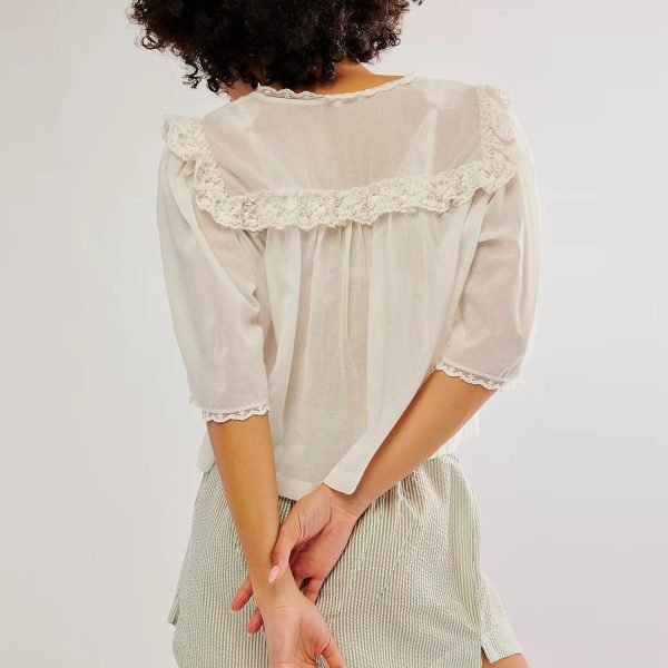 71Mnt9D0TmL._AC_SL1500 Women's Sexy Low Cut Chiffon Shirt 3/4 Sleeve V Neck Sheer Button Down Blouse Cute Ruffle Lace Trim Top