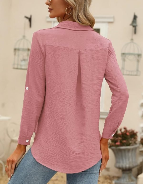 Womens Button Down Shirts V Neck Roll Up 3/4 Length Sleeve Tops Elegant Dressy Blouses Business Casual Outfits