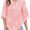Womens 3/4 Sleeve Chiffon Blouses V Neck Double Layers Mesh Shirts Dressy Flowy Tunic Tops (M-5XL)