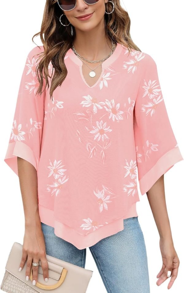 Womens 3/4 Sleeve Chiffon Blouses V Neck Double Layers Mesh Shirts Dressy Flowy Tunic Tops (M-5XL)