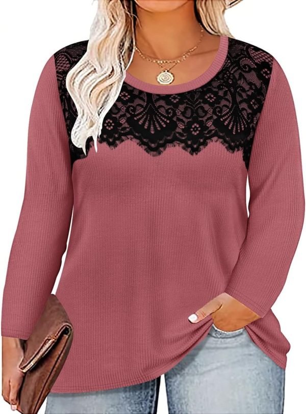 Plus Size Lace Tops for Women Long Sleeve Crewneck Pullover Fall T-shirts Tunics Basic Tees T-Shirts XL-5XL
