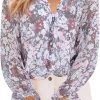 Womens Casual Boho Floral Print V Neck Long Sleeve Blouses Button Down Shirts Dressy Chiffon Loose Ruffle Tops