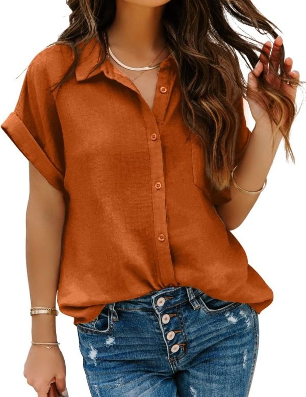 Women Chiffon Button Down Shirts with Pocket Short Sleeve Office Blouses V Neck Casual Business Tops Slim Fit Shirts