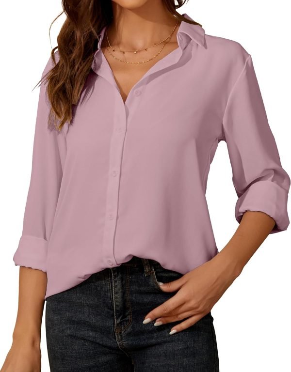 Womens Button Down Shirt Long Sleeve Classic Collared Tops Work Office Casual Chiffon Blouse