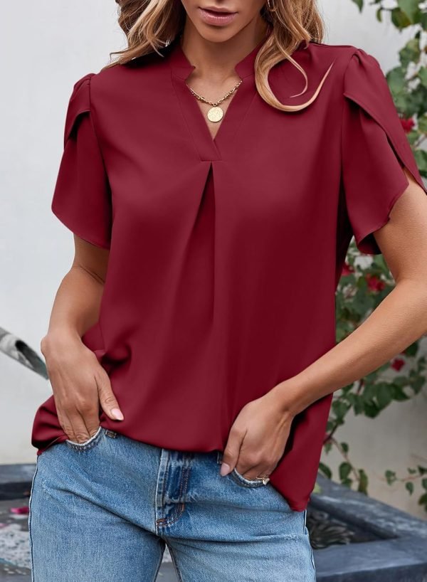 Women's Dressy Casual Business Work Chiffon Blouses Tops Summer V Neck Cute Loose Petal Short Sleeve T-Shirts