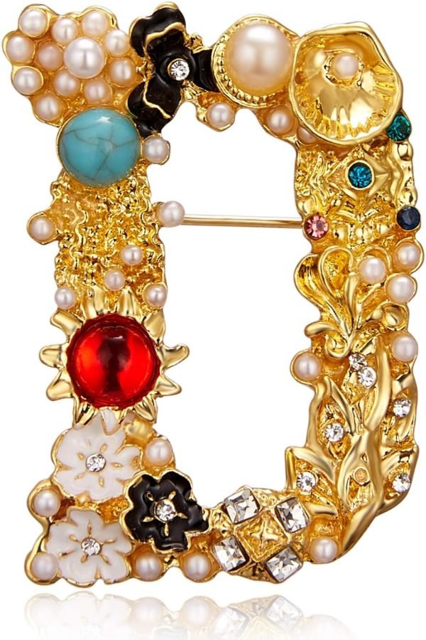 Crystal Pearl Initial Brooch Gold Plated Enamel Colorful Letter Alphabet Breastpin Pin for GIFTS
