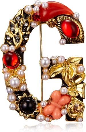 Crystal Pearl Initial Brooch Gold Plated Enamel Colorful Letter Alphabet Breastpin Pin for GIFTS