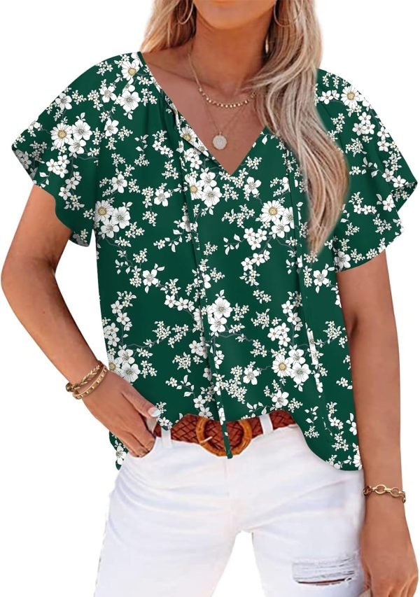 Womens 2024 Summer Tunic Tops Casual Short Sleeve Blouses V Neck Dressy Chiffon Boho Tshirts