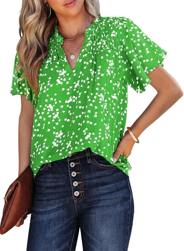Women's Casual V Neck Floral Print Smocked Short Sleeve Chiffon Blouses Bohemian Top Shirts