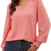 Women's Casual Long Sleeve Tops Shirred Shoulders Solid Color Knit Ribbed T Shirts Blouses
