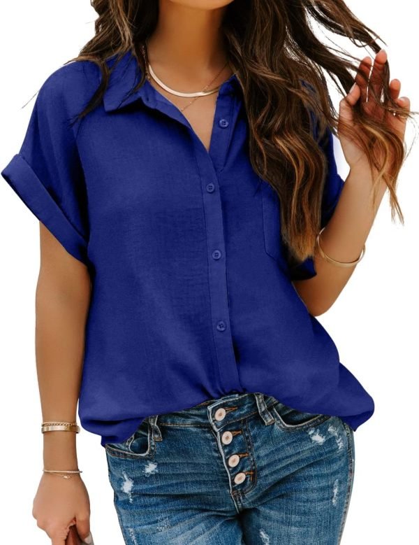 Women Chiffon Button Down Shirts with Pocket Short Sleeve Office Blouses V Neck Casual Business Tops Slim Fit Shirts