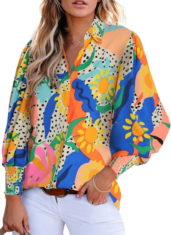 Women 2024 Loose V-Neck Shirts Paisley Print Lantern Sleeve Blouse Tops