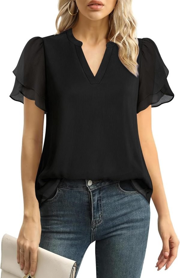 Womens Dressy Chiffon Blouses Summer Puff Petal Short Sleeve Shirts V Neck Casual Work Tops