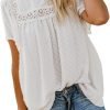 Womens Crewneck Lace Crochet Pom Pom Flowy Short Sleeve Casual Shirts Blouses Tops