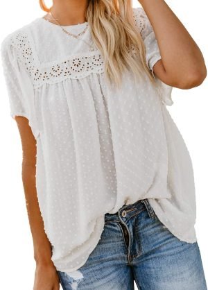 71QEdSl_i1L._AC_SL1500 Womens Crewneck Lace Crochet Pom Pom Flowy Short Sleeve Casual Shirts Blouses Tops