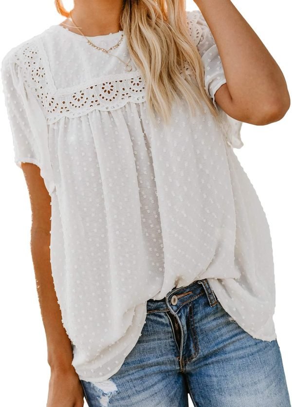 Womens Crewneck Lace Crochet Pom Pom Flowy Short Sleeve Casual Shirts Blouses Tops