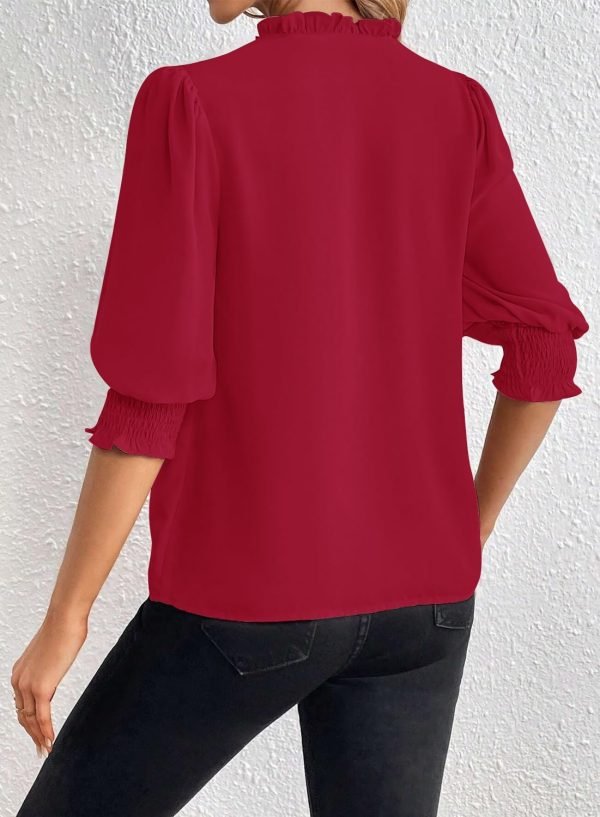 Women's Summer Puff Sleeve Top V Neck Ruffle Button Shirt Pleated Dressy Casual Chiffon Blouses