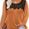 Plus Size Lace Tops for Women Long Sleeve Crewneck Pullover Fall T-shirts Tunics Basic Tees T-Shirts XL-5XL