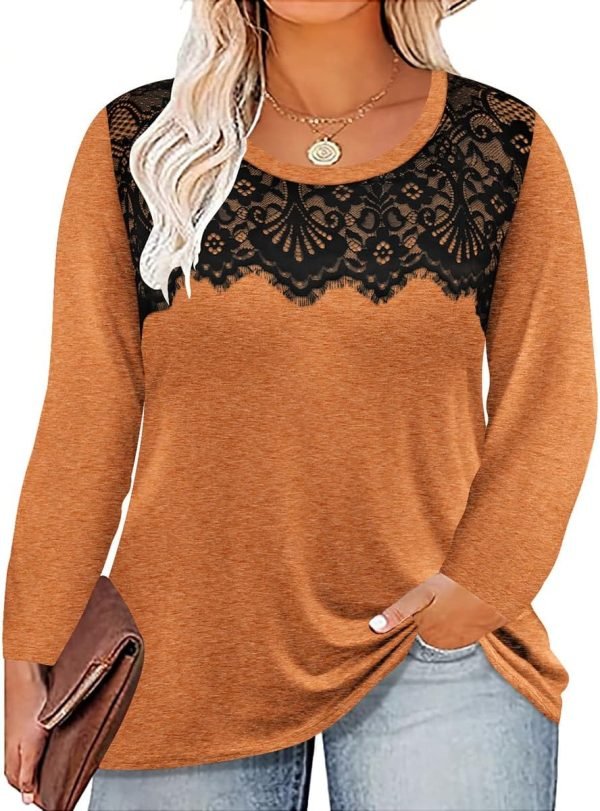 Plus Size Lace Tops for Women Long Sleeve Crewneck Pullover Fall T-shirts Tunics Basic Tees T-Shirts XL-5XL