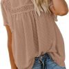 Womens Crewneck Lace Crochet Pom Pom Flowy Short Sleeve Casual Shirts Blouses Tops