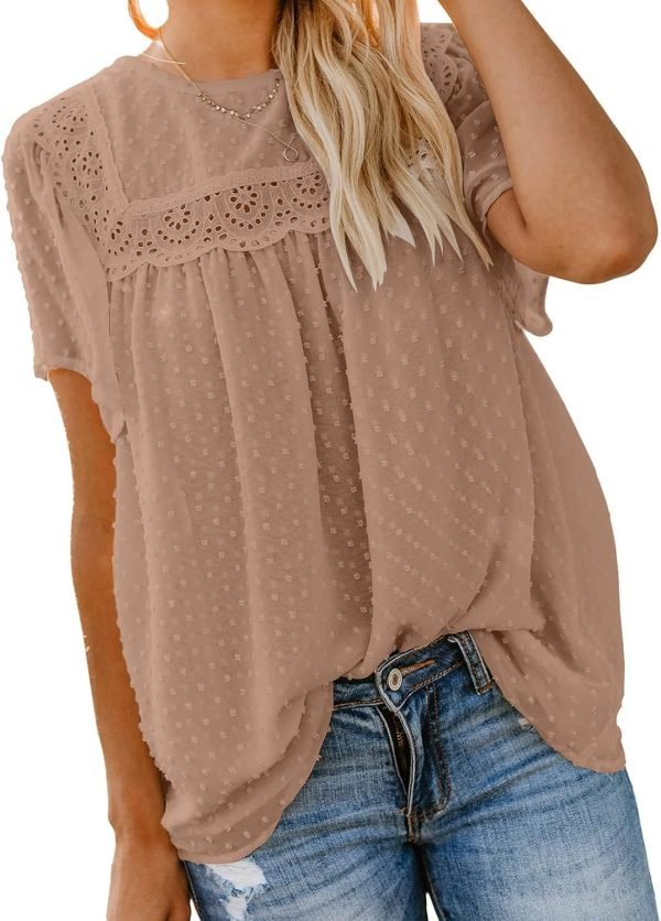 Womens Crewneck Lace Crochet Pom Pom Flowy Short Sleeve Casual Shirts Blouses Tops
