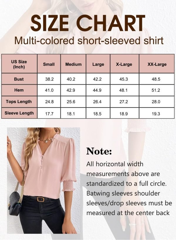 Women's Summer Puff Sleeve Top V Neck Ruffle Button Shirt Pleated Dressy Casual Chiffon Blouses