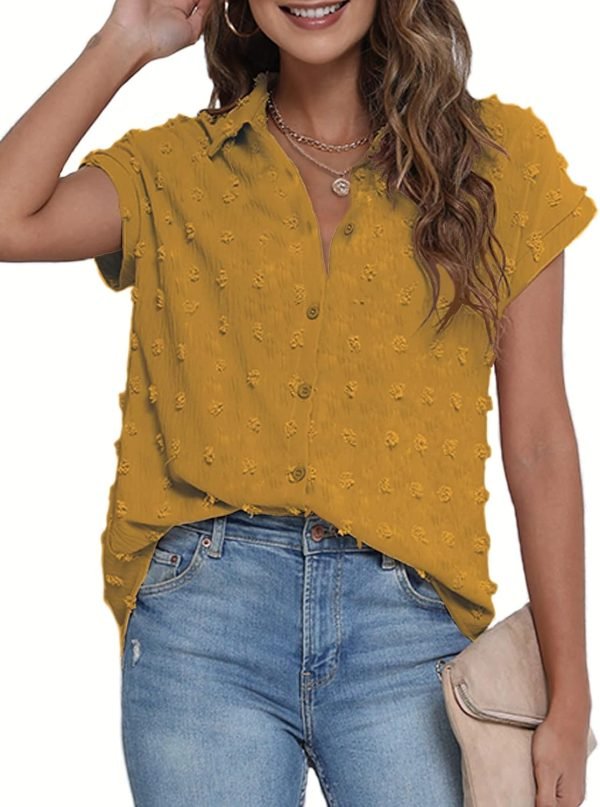 71QvxGctRAL._AC_SL1500 Women White Button Down Shirt Dressy Casual Work Tops Chiffon Blouse Summer Short Sleeve Shirts