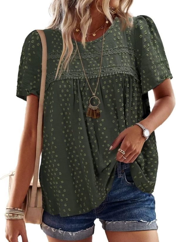 Womens Summer Tops Crewneck Short Sleeve Shirts Casual Chiffon Blouses Flowy Lace Hem Boho Clothing Trendy 2024