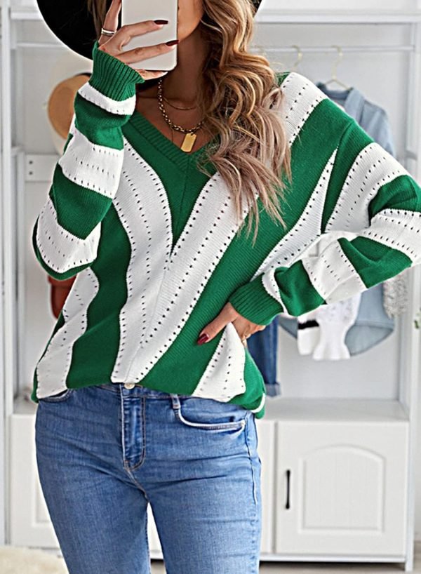Womens 2024 Deep V Neck Sweaters Striped Long Sleeve Knit Pullover Sweaters for Women
