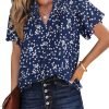 Women's Casual V Neck Floral Print Smocked Short Sleeve Chiffon Blouses Bohemian Top Shirts
