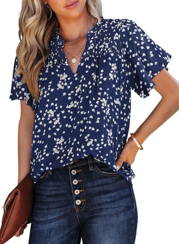 Women's Casual V Neck Floral Print Smocked Short Sleeve Chiffon Blouses Bohemian Top Shirts