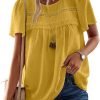 Womens Summer Tops Crewneck Short Sleeve Shirts Casual Chiffon Blouses Flowy Lace Hem Boho Clothing Trendy 2024