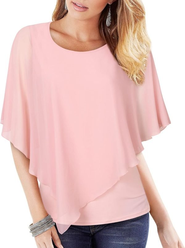 Women's Lightweight Flowy Shirt Double-Layered Printed Chiffon Poncho Blouse Top