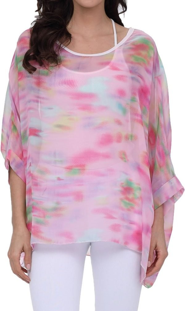 Women Chiffon Blouse Floral Batwing Sleeve Beach Cover Loose Tunic Shirt Tops