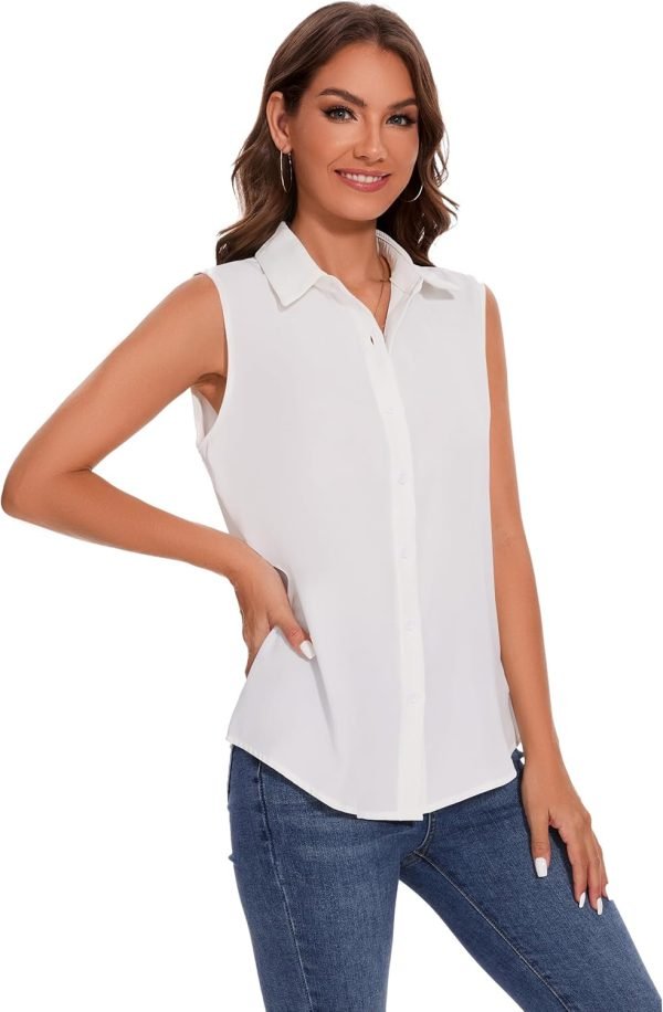 71SrLGWzsgL._AC_SL1500 Womens Sleeveless Button Down Shirt Classic Collared Blouse Basic Tank Tops Work Office Chiffon Tops