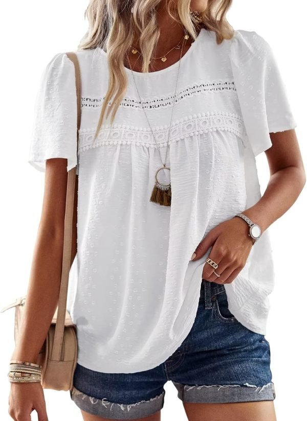Womens Summer Tops Crewneck Short Sleeve Shirts Casual Chiffon Blouses Flowy Lace Hem Boho Clothing Trendy 2024