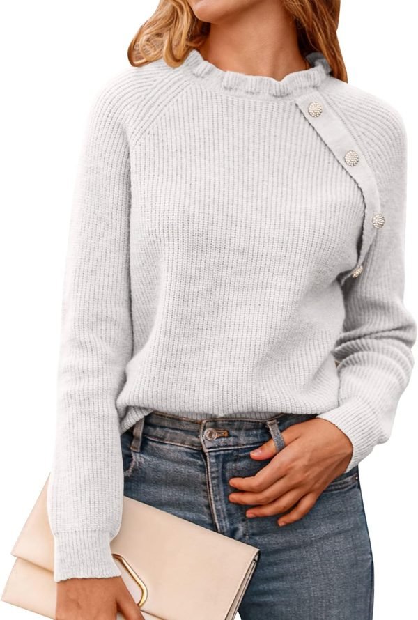 Women's Sweaters Casual Long Sleeve Button Down Crew Neck Ruffle Knit Pullover Sweater Tops Solid Color Striped